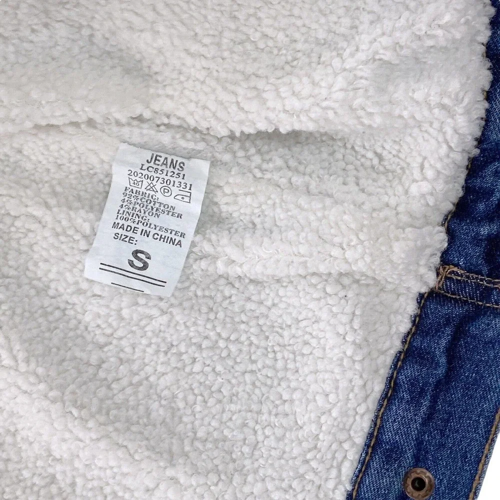 Denim Jacket Womens Small Sherpa Lined Trucker Distressed Fur Collar Cotton Poly